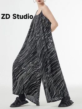 [ZD Studio] Loose Fit Ženy Čierne Pruhované Dlho Veľkosť Jumpsuit Nové Vysoký Pás Vrecko Nohavice Príliv Jar Leto 2023
