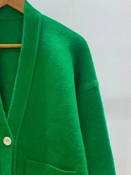 Ženy zelená pletený sveter písmená francúzskej značky dlhý rukáv zime teplé oblečenie, módne ženy svetre 2023