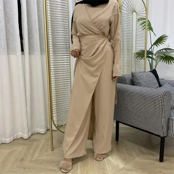 Ženy v Moslimských Jumpsuit Abaya Dubaj Kaftan Turecko Krajky-up Pevné Šaty s Dlhým Rukávom Islam Khimar Hidžáb Oblečenie Móda Islamské Oblečenie