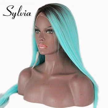 Sylvia hnedej na modrú ombre hodvábne rovné syntetické parochne čipky front sky blue dlho tepelne odolných vlákien vlasy s temné korene