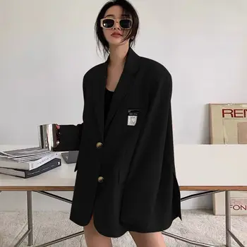 Luxusný Elegantný Dlhý Rukáv Saka Ženy Čierny Oblek Tlačidlá Office Ladies Bunda kórejský Móda Jar Jeseň Strednej dĺžky Bežné Kabát