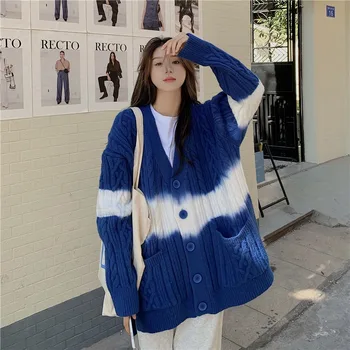 Tie Dye Modrá Y2k kórejský Módne Mujer Sveter Cardigan Ženy Jeseň Zima Voľné Bežné tvaru Cardigan Kabát Pletenie Vintage