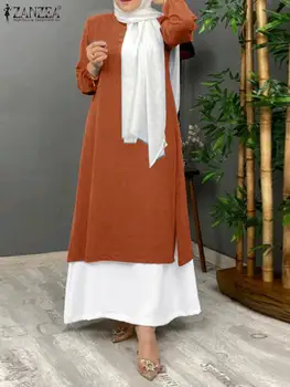 Príležitostné O Krk Dlhý Rukáv Ramadánu Dubaj Turecko Abaya Sundress Islamské Oblečenie Dovolenku Vestido ZANZEA Módne Ženy Moslimské Oblečenie