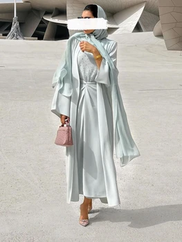 3 Kus Moslimských Sady Nida Lištovanie Otvoriť Abaya Kimono Abayas pre Ženy Dubaj Turecko Hidžáb Oblečenie Zábal Sukne Islam Zodpovedajúce Oblečenie