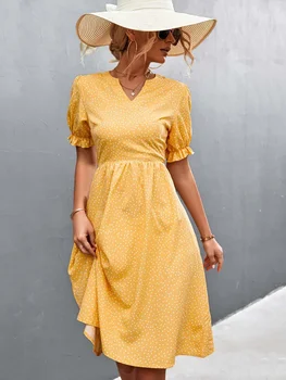 Letné Midi Dot Dress Ženy Strany Lístkového Rukáv Šaty Dámske Žltá Prehrabať Vysoký Pás Riadok Šaty Pre Ženy